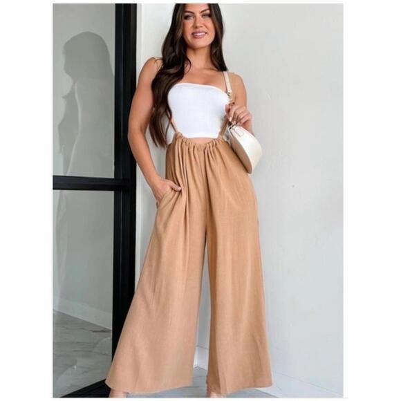 Zenana Outfitters Other - Zenana New Wideleg Adjustable Jumpsuit Beige